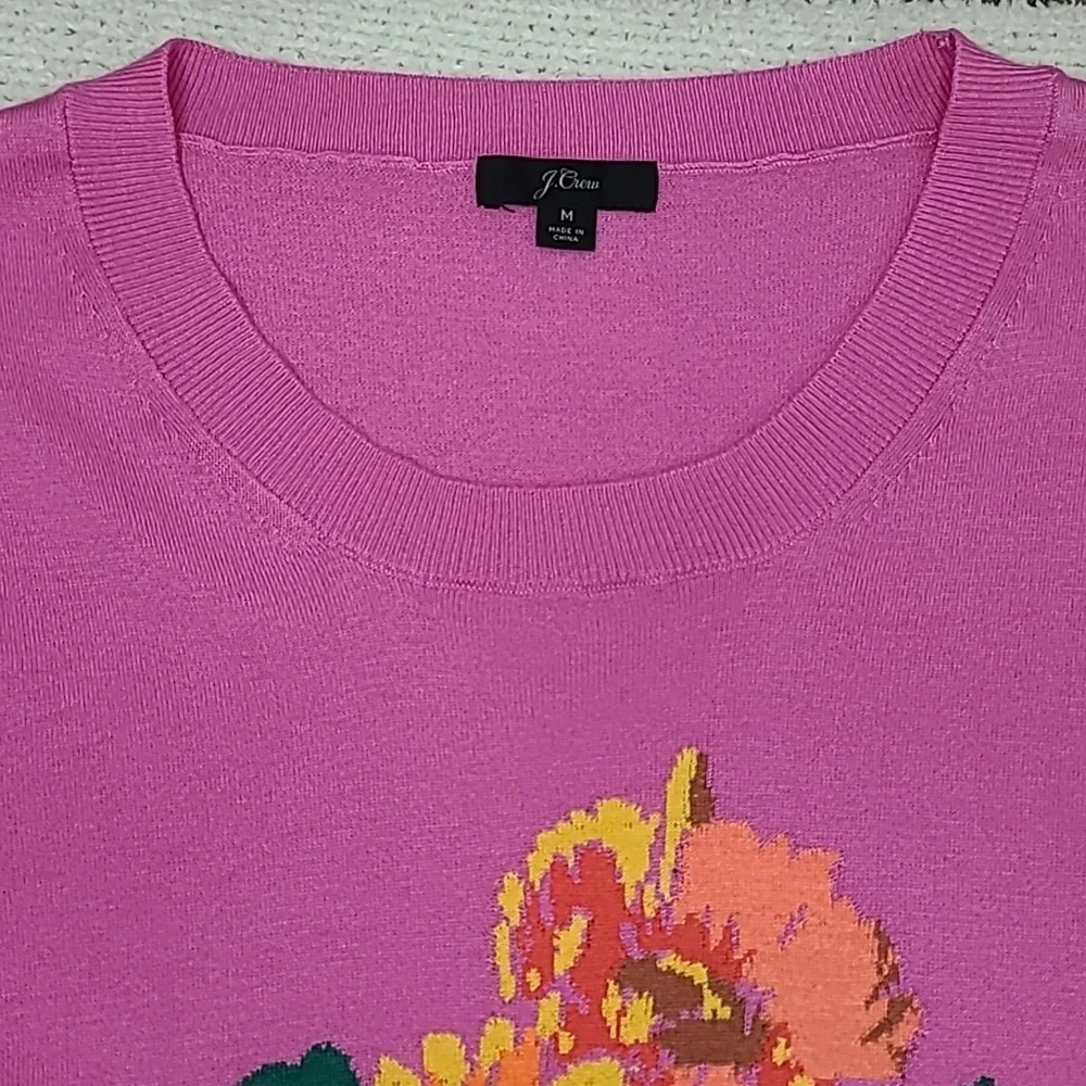 J Crew Merino Wool Blend Embroidered Floral Short-Sleeve Tippi Sweater in Pink
